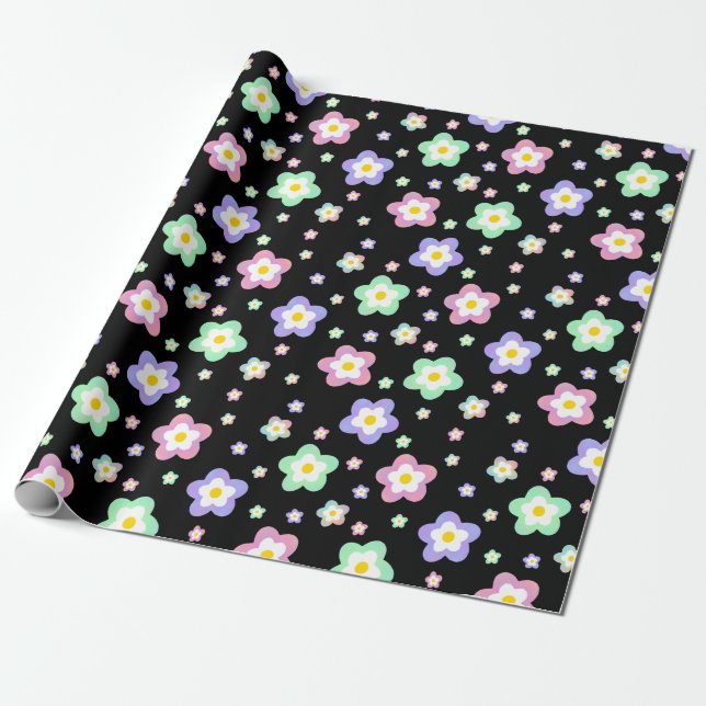 Retro Hippie Flowers Wrapping Paper (Unrolled)
