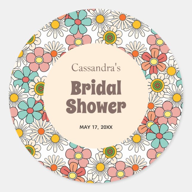 Retro Hippie Groovy Flower Bridal Shower  Classic Round Sticker (Front)