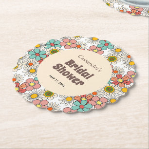 Retro Hippie Groovy Flower Bridal Shower Paper Coaster
