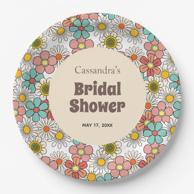 Retro Hippie Groovy Flower Bridal Shower  Paper Plate (Front)