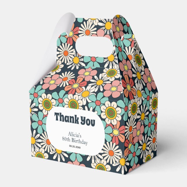 Retro Hippie Groovy Flower Hello Eighty Birthday Favour Box (Front Side)