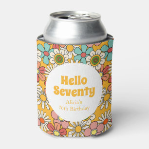 Retro Hippie Groovy Flower Hello Seventy Birthday Can Cooler
