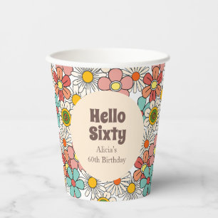 Retro Hippie Groovy Flower Hello Sixty Paper Plate Cups