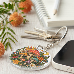 Retro Hippie Mushroom & Wildflower Illustration -  Key Ring
