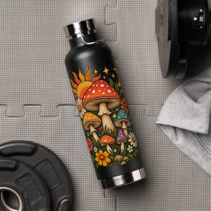 Retro Hippie Mushroom & Wildflower Illustration - Water Bottle