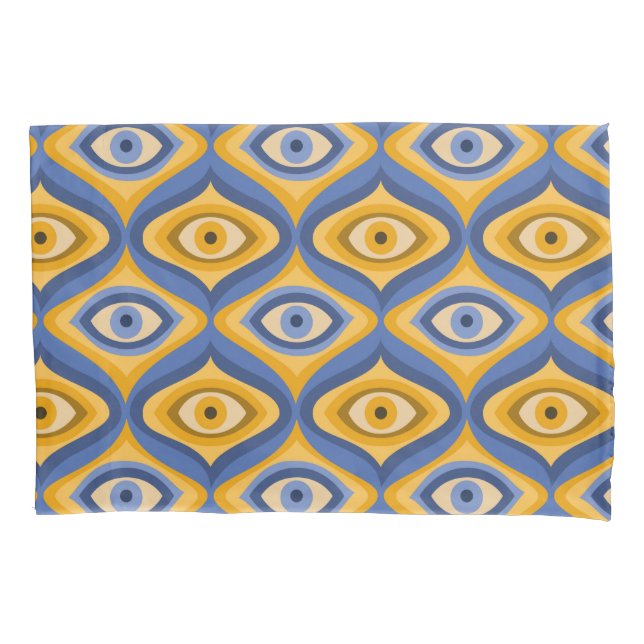 Retro Hippie Pattern - Psychedelic Eye Yellow Blue Pillowcase (Front)