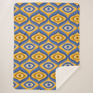 Retro Hippie Pattern - Psychedelic Eye Yellow Blue Sherpa Blanket