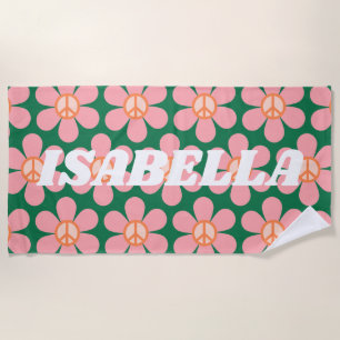 Retro Hippie Peace Flower Green Personalised Name Beach Towel