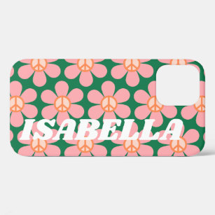 Retro Hippie Peace Flower Green Personalised Name iPhone 12 Case