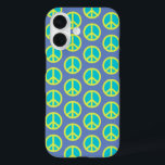 Retro Hippie Peace Sign Pattern in Blue   iPhone 16 Case<br><div class="desc">Retro Hippie Peace Sign Pattern in Blue Phone Case</div>