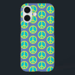 Retro Hippie Peace Sign Pattern in Blue   iPhone 16 Case<br><div class="desc">Retro Hippie Peace Sign Pattern in Blue Phone Case</div>