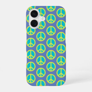 Retro Hippie Peace Sign Pattern in Blue iPhone 16 Case