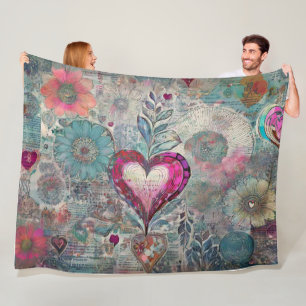 Retro Hippie: Pink Heart Fleece Blanket
