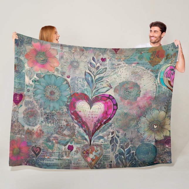 Retro Hippie: Pink Heart Fleece Blanket (In Situ)