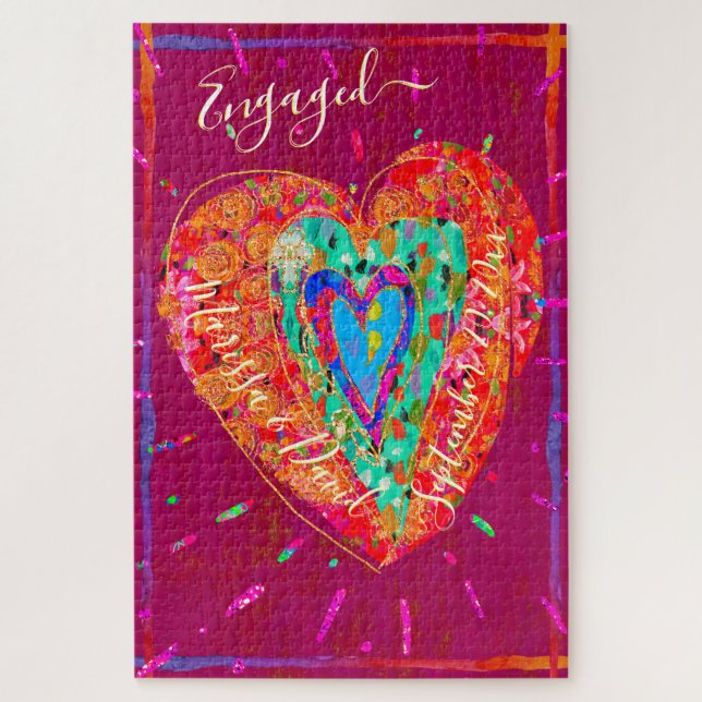 Retro Hippie Pink Turquoise Heart Engaged Jigsaw Puzzle (Vertical)