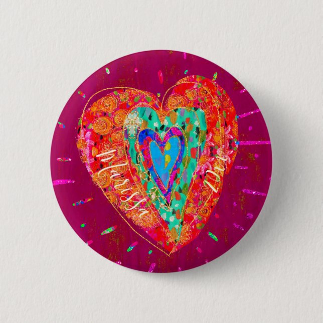 Retro Hippie Pink Turquoise Heart Name 6 Cm Round Badge (Front)