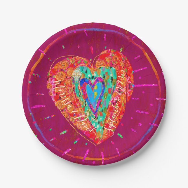 Retro Hippie Pink Turquoise Heart Save the Date Paper Plate (Front)