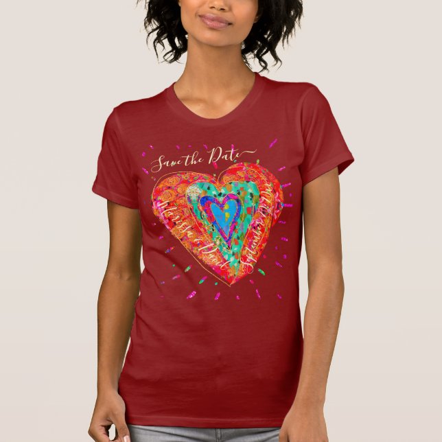 Retro Hippie Pink Turquoise Heart Save the Date T-Shirt (Front)