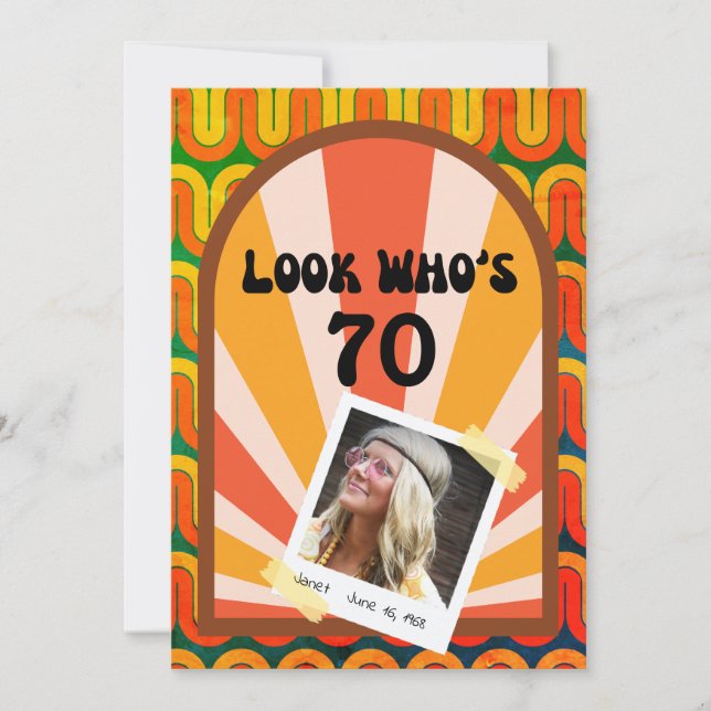 Retro Hippie Psychedelic 60's Photo 70th Birthday Invitation (Front)