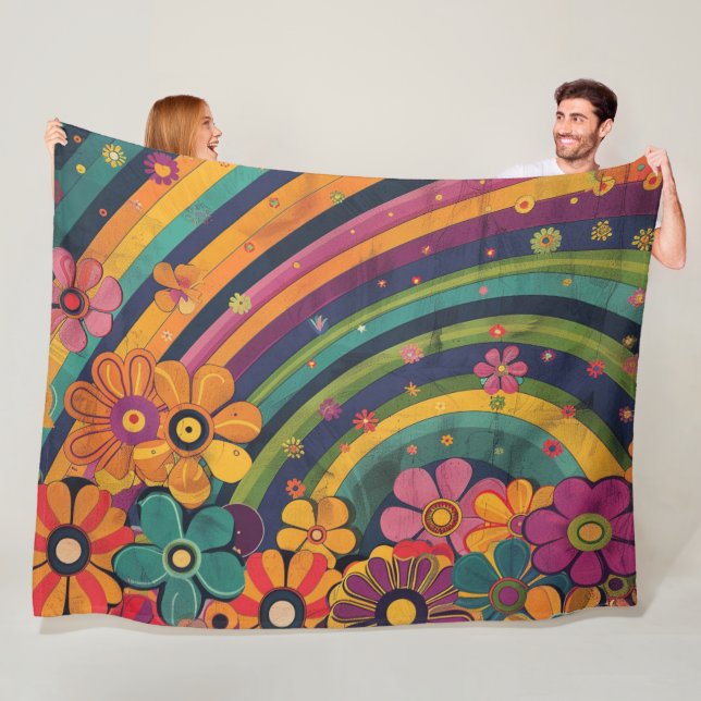 Retro Hippie: Rainbow and Flowers Fleece Blanket (In Situ)