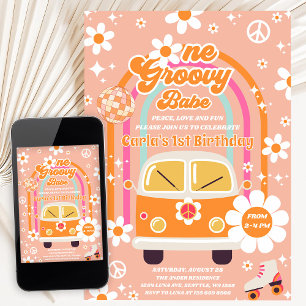 Retro Hippie Rainbow One Groovy Babe 1st Birthday Invitation