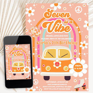 Retro Hippie Rainbow Seven Is A Vibe 7th Birthday Invitation
