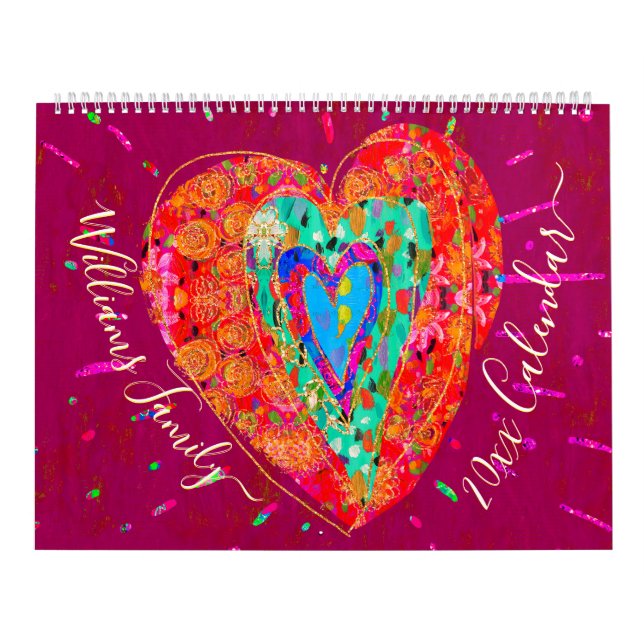 Retro Hippie Red Turquoise Heart Custom 2024 Photo Calendar (Cover)
