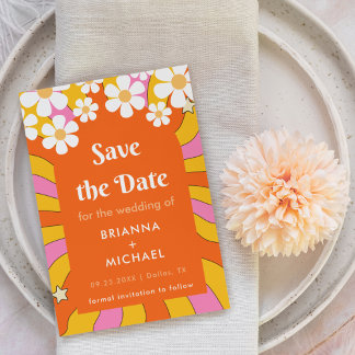 Retro Hippie Style Daisy & Orange Arch 70s Groovy Save The Date