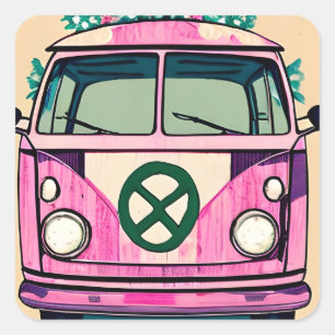 Retro Hippie Van floral Vintage Colours Art Square Sticker