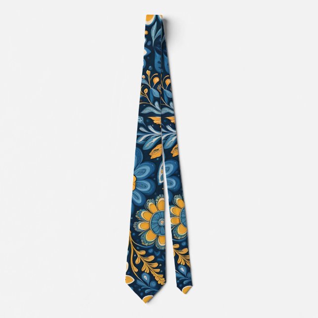 Retro Hippie Vintage  Flowers  Design  Yellow Blue Tie (Front)