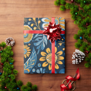 Retro Hippie Vintage Flowers Design Yellow Blue Wrapping Paper