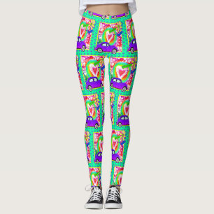 Retro Hippy Tie Dye Car Heart 1960's 1970"s Leggings