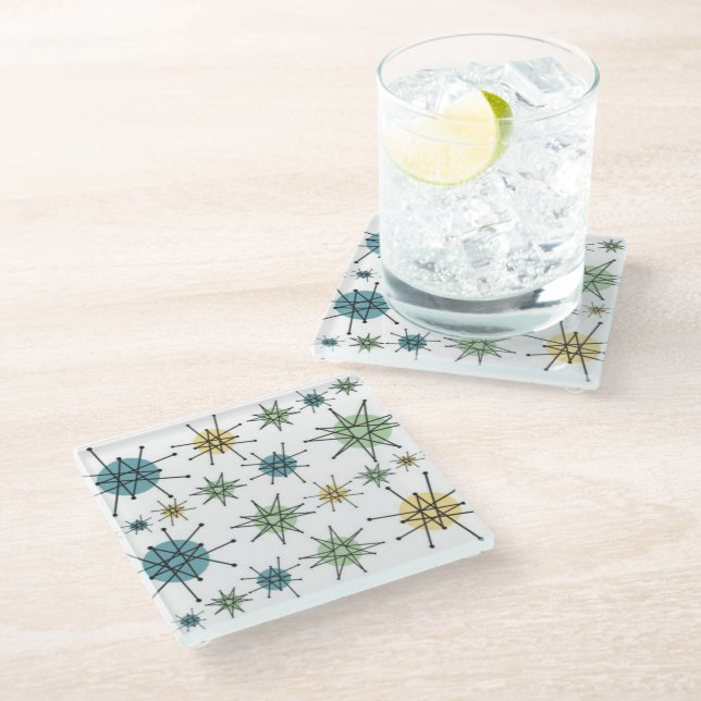 Retro Hipster Geometric Atomic Starburst Glass Coaster (Angled)