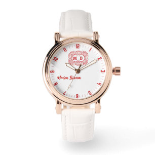 Retro Hipster Monogram white and red  Watch
