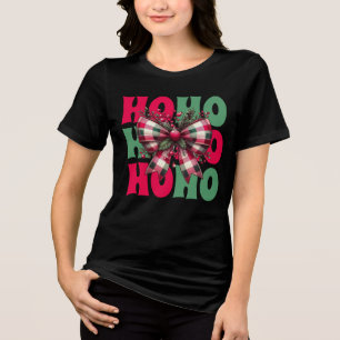 Retro Ho Ho Ho Christmas Coquette Bow Tri-Blend Shirt