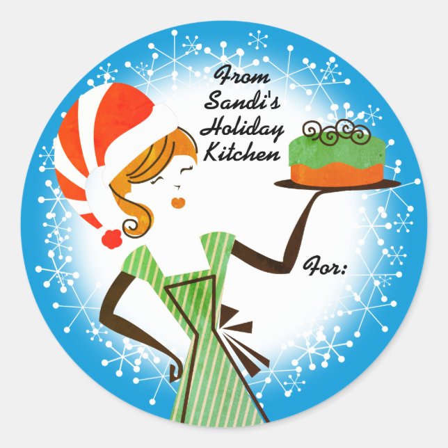 Retro holiday baking cake personalised Christmas Classic Round Sticker (Front)