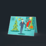 Retro Holiday Cartoon Couple Christmas Card<br><div class="desc">This Retro Holiday Cartoon Couple Christmas Card will put you in the holiday spirit. The front design features a turquoise background with teal bricks and an olive green, cone fireplace. There is a teal, starburst wall clock and a two-tier pendant lamp in shades of yellow, blue and black. A green...</div>
