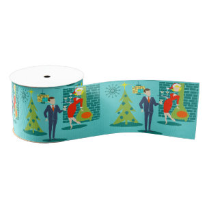 Retro Holiday Cartoon Couple Christmas Ribbon Grosgrain Ribbon