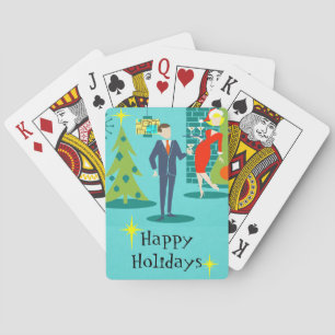 Retro Holiday Cartoon Couple Playing Cards