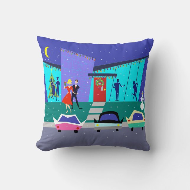 Retro Holiday Cartoon Party Throw Pillow (Front)