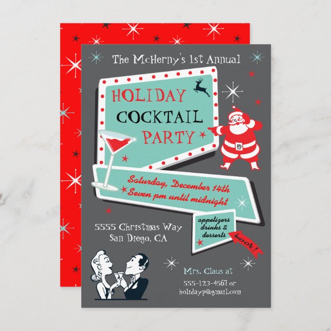 Retro Holiday Cocktail party Invitations (Front/Back)