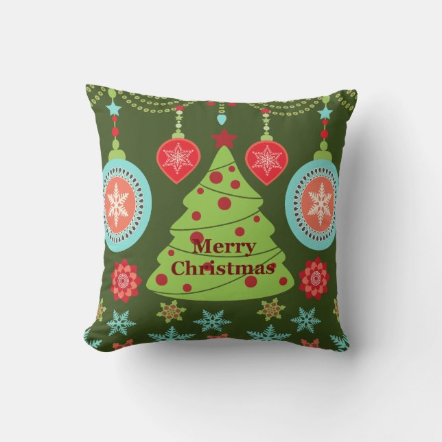 Retro Holiday Merry Christmas Tree Snowflakes Cushion (Front)