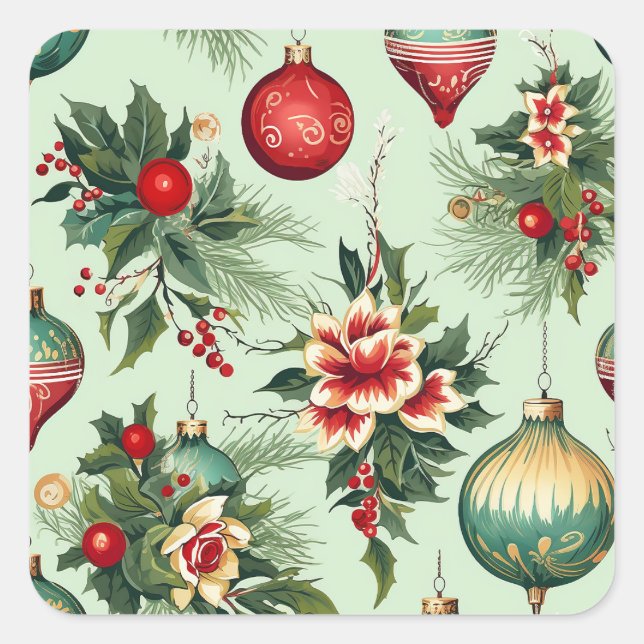 Retro Holiday Ornaments and Flowers Christmas Square Sticker (Front)