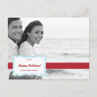 Retro Holiday Photo Postcard Blue & Red