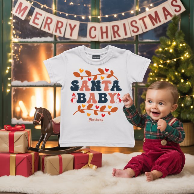Retro Holiday Santa Baby Personalised Baby T-Shirt (Retro Holiday Santa Baby Personalized Baby T-Shirt)