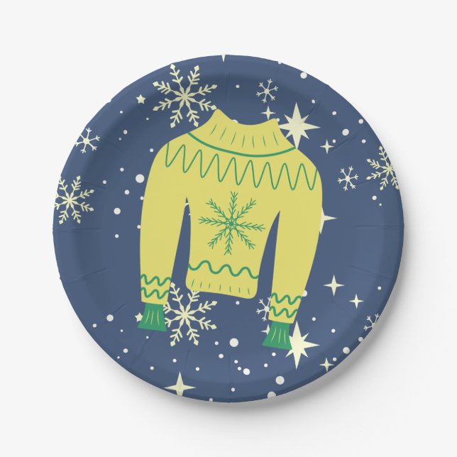 Retro Holiday Ugly Sweater Christmas Party Paper Plate (Front)
