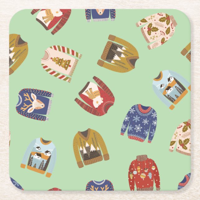 Retro Holiday Ugly Sweater Christmas Party Square Paper Coaster (Front)