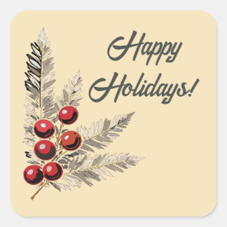Retro Holly Berries and Evergreen  Square Sticker