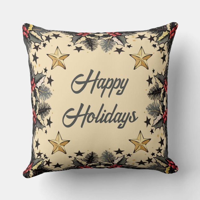 Retro Holly Berries and Evergreen Throw Pillow (Back)
