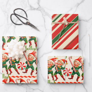 Retro Holly Jolly Christmas Elves Wrapping Paper Sheet